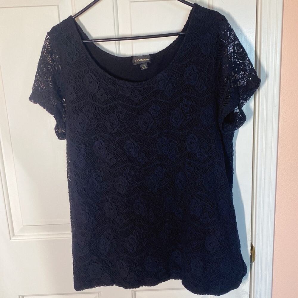 G Collection Black Flower Pattern Lace Top Blouse Crew Neck Short Sleeve | 2X